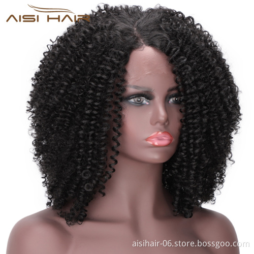 Aisi Hair Medium Long Afro Kinky Curly Wig Lace Frontal Natural Black Wig Synthetic Fluffy Lace Front Hair Wigs For Black Women